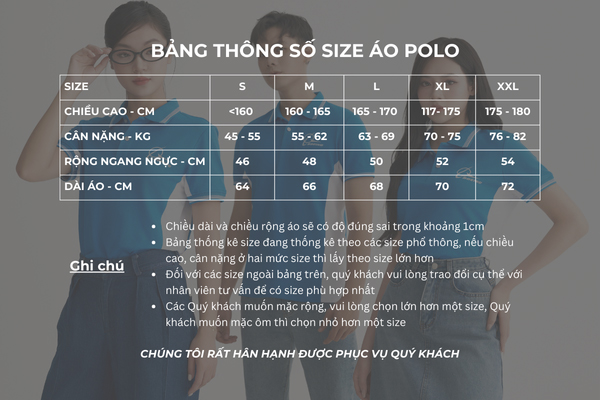 Size chart of FastUni blue polo shirt with white side panels