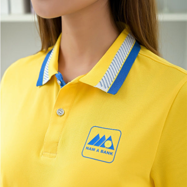 Company uniform APCT24 with main yellow color, unique woven border on collar and sleeves