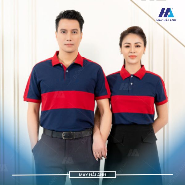 Red T-shirt with charcoal blue accents and stylized shoulder pads