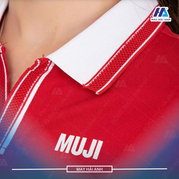 Red uniform polo shirt with V-neck design