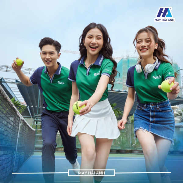 Impressive green polo shirt uniform with V-neck and vertical stripes on one side